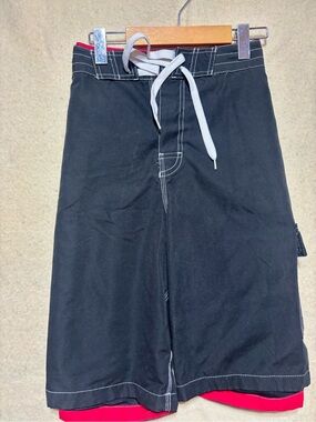 Men’s Black Board Shorts Swim Trunks Red Gray Side Stripe Cargo Pocket Size xl